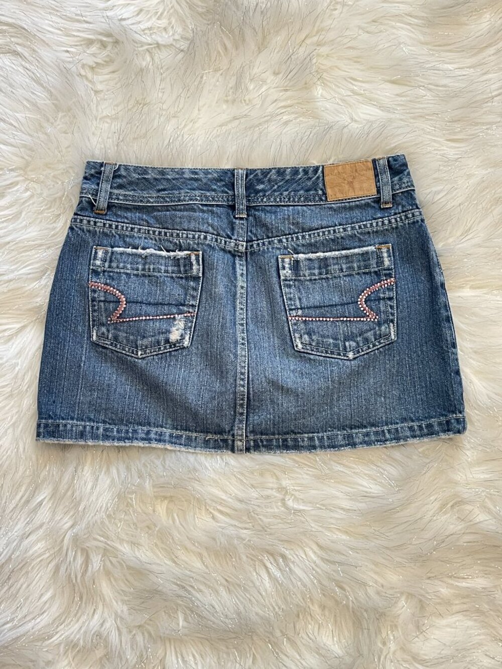American Eagle Denim Skirt Mini Jean Y2K Pink Crystals Pockets Distressed 2